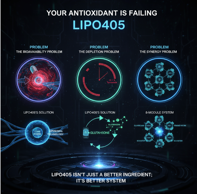 Your Antioxidant is Failing. Here’s How Lipo405 Solves the 3 Core Problems of Traditional Supplements.